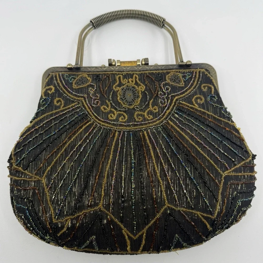 Antique Art Deco‎ Beaded Evening Purse Handbag Iridescent Glass Beads Vintage
